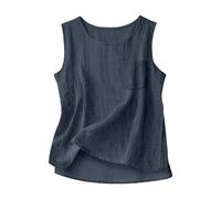 Débardeur d'été en lin pour femme - Décontracté - Col rond - Sans manches - Avec poche - Coupe ample - Léger - Respirant - Doux et confortable - Couleur unie, bleu marine, M