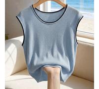 Débardeur d'été pour femme, blouse en tricot à col rond avec bordure noire, manches courtes, couleur bleu unicolore, tenue d'été pour festival de musique Y2K Spice Girls, vêtements d'été pour femmes,