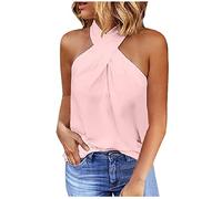 Débardeur dos nu pour femme - Épaules dénudées - Sans manches - Tendance - Décontracté - Croisé sur le devant - Camisole pour femme - Camisole - Chemisier de sortie, rose, L