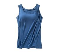 Débardeur en coton avec soutien-gorge intégré - Long maillot de corps large - T-shirt d'été sans manches - Débardeurs confortables avec soutien-gorge intégré - Sans armatures - Rembourré - Haut de