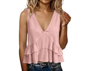Débardeur en coton et lin avec col en V profond sans manches à volants pour femme, rose, L