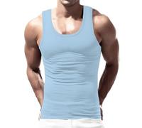 Débardeur en coton pour homme - Séchage rapide - Stretch - Respirant - Sans manches - Pour les loisirs - Col rond - Couleur unie, bleu clair, S