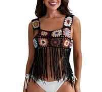 Débardeur en crochet pour femme avec pompons - Broderie florale colorée - Camisole d'été bohème - Vêtement de plage, 02_Noir, Taille Unique