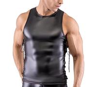 Débardeur en cuir pour homme - Sans manches - Col rond - En cuir synthétique - Gilet sexy - Effet mouillé - Manches courtes - En cuir verni, Noir , M