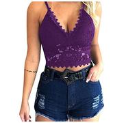 Débardeur en dentelle avec soutien-gorge intégré - Pour femme - Sexy - Col en V - Spaghetti - Coupe ajustée - Respirant - Sans manches - Avec bretelles en dentelle - Léger - Extensible, lilas, XL