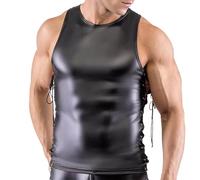 Débardeur en latex pour homme - Sexy - Sous-vêtements érotiques - Noir - Aspect cuir - Maillot de corps stretch - Chemise d'été - Clubwear - Lingerie vernie - Tenue en cuir verni - Gilet à bretelles