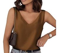 Débardeur en satin de soie pour femme - Camisole sans manches à col en V | Chemisier décontracté et basique pour l'été | Caraco doux et confortable, marron, XL