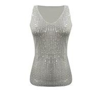 Débardeur étincelant sans manches pour femme en V Nwck à paillettes - Caraco habillé scintillant - Pour discothèque, fête, club, mariage, cocktail, carnaval, défilé, Argenté., S