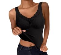 Débardeur Femme avec Dentelle Thermique sans Manches Col en V Camisole Doublure Chaude sous-vêtements Couche de Base Hauts T-shirt thermique en dentelle sans manches Sous-vêtements chauds (Black, L)