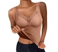 Débardeur Femme avec Dentelle Thermique sans Manches Col en V Camisole Doublure Chaude sous-vêtements Couche de Base Hauts T-shirt thermique en dentelle sans manches Sous-vêtements chauds (Coffee, L)