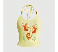 Débardeur femme avec imprimé graffiti de poisson rouge pour vacances sur une île, style Y2K mignon et bombe L,M,S,XSCartoon,graphiqueTissu tricoté