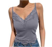 Débardeur Femme Camisole avec Soutien-Gorge Intégré Chic et Élégant Dentelle Caraco Été sans Manches Haut Couleur Unie Coutures en Dentelle Bretelles Spaghetti sous-Vêtements Haut