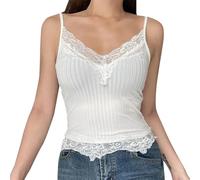 Débardeur Femme Camisole avec Soutien-Gorge Intégré Chic et Élégant Dentelle Caraco Été sans Manches Haut Couleur Unie Coutures en Dentelle Bretelles Spaghetti sous-Vêtements Haut
