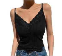 Débardeur Femme Camisole avec Soutien-Gorge Intégré Chic et Élégant Dentelle Caraco Été sans Manches Haut Couleur Unie Coutures en Dentelle Bretelles Spaghetti sous-Vêtements Haut