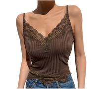 Débardeur Femme Camisole avec Soutien-Gorge Intégré Chic et Élégant Dentelle Caraco Été sans Manches Haut Couleur Unie Coutures en Dentelle Bretelles Spaghetti sous-Vêtements Haut