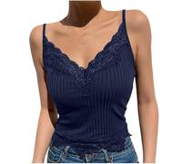 Débardeur Femme Camisole avec Soutien-Gorge Intégré Chic et Élégant Dentelle Caraco Été sans Manches Haut Couleur Unie Coutures en Dentelle Bretelles Spaghetti sous-Vêtements Haut
