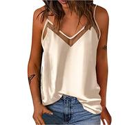 Débardeur Femme Chic Col en V Satin Caraco Élégant Mesh Patchwork Camisole Épaules Dénudées Hauts sans Manches Été Couleur Unie Tank Top Bretelles Spaghetti Débardeur