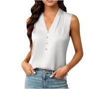 Débardeur Femme Chic en Satin Haut sans Manches à Col en V avec Boutons Élégant Chemisier Fluide Couleur Unie Top Décontracté Blouse Légère et Soyeuse pour Bureau Travail Soirée Été