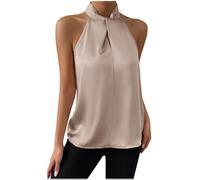 Débardeur Femme Chic et Élégant sans Manches Mode Haut en Satin T-Shirt D'Été Chemise Ample à Col en V Débardeur Femmes Sexy Licou Cou Suspendu Réservoir Couleur Unie Chemisier Dos Nu Gilet Hauts