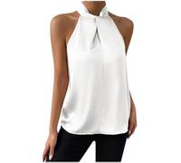 Débardeur Femme Chic et Élégant sans Manches Mode Haut en Satin T-Shirt D'Été Chemise Ample à Col en V Débardeur Femmes Sexy Licou Cou Suspendu Réservoir Couleur Unie Chemisier Dos Nu Gilet Hauts