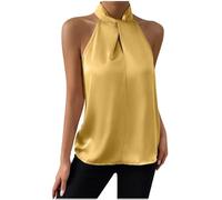 Débardeur Femme Chic et Élégant sans Manches Mode Haut en Satin T-Shirt D'Été Chemise Ample à Col en V Débardeur Femmes Sexy Licou Cou Suspendu Réservoir Couleur Unie Chemisier Dos Nu Gilet Hauts