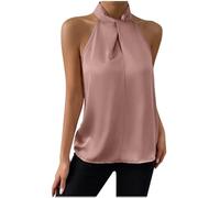 Débardeur Femme Chic et Élégant sans Manches Mode Haut en Satin T-Shirt D'Été Chemise Ample à Col en V Débardeur Femmes Sexy Licou Cou Suspendu Réservoir Couleur Unie Chemisier Dos Nu Gilet Hauts