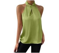 Débardeur Femme Chic et Élégant sans Manches Mode Haut en Satin T-Shirt D'Été Chemise Ample à Col en V Débardeur Femmes Sexy Licou Cou Suspendu Réservoir Couleur Unie Chemisier Dos Nu Gilet Hauts