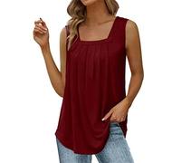 Débardeur Femme Chic Soirée Ete Col Carré Plissé Tee Shirt sans Manches Femme Gilet Pas Cher Blouse Chemise Femme Grande Taille T Shirt Femme Automne Fashion Mode Haut Top Casual (M, Bordeaux)