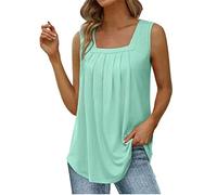 Débardeur Femme Chic Soirée Ete Col Carré Plissé Tee Shirt sans Manches Femme Gilet Pas Cher Blouse Chemise Femme Grande Taille T Shirt Femme Automne Fashion Mode Haut Top Casual (4XL, Turquoise)