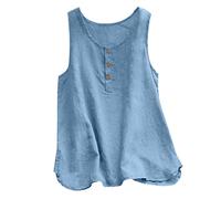 Debardeur Femme Coton Et Lin, Gilet Sport Femme Grande Taille,DéBardeur Femme sans Manches Couleurs Pures Loose D'été T-Shirt LéGer Droite Classique Hauts avec Bouton pour Les Vacances La Plage
