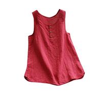 Debardeur Femme Coton Et Lin, Gilet Sport Femme Grande Taille,DéBardeur Femme sans Manches Couleurs Pures Loose D'été T-Shirt LéGer Droite Classique Hauts avec Bouton pour Les Vacances La Plage