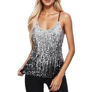 Debardeur Femme Débardeur Élégant À Bretelles Camisole Débardeurs Décontracté Carnaval Haut Chic Soirée Top Paillettes pour Les Réveillons Argent M
