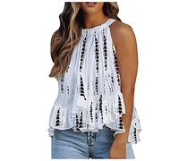 Débardeur Femme Élégant Col Licou Caraco Imprimé Fleurs Tank Top Été Épaules Dénudées Tee Shirt Ample sans Manche T-Shirt Chic Haut à Ourlet Volants Léger et Fluides Débardeur