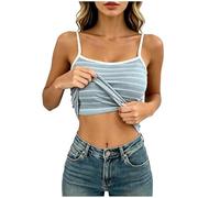 Débardeur Femme Été avec Soutien Gorge Tank Top Bicolore Côtelé à Rayures Coupe Ajustée sans Manches Slim T-Shirts Debardeur Chic et Élégant Sexy Haut Décontracté Streetwear (Blue, One Size)