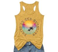 Débardeur Femme Été Coucher de Soleil Palmiers Motif Dos nageur Sans Manches Haut Plage Vacances Loisirs Respirant Coton Mélange Casual Col Rond Matière Souple Top Shirt Blouse, Stil-m05 Jaune, L