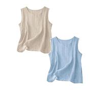 Débardeur Femme Lot de 2 Coton Lin Gaze Col Rond sans Manches Coupe Ample Fluide Uni Léger Respirant Chic Basique Haut Confortable Vêtement Quotidien Plage Tunique Chemisier Grande Taille