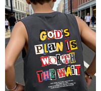 Débardeur graphique de foi pour garçons, coupe ample "God's Plan Is Worth The Wait" Motif de texte de rédemption, débardeur inspirant pour la rentrée scolaire et le style streetwear pour l'été 6Y,7Y,8