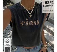 Débardeur gris à fleurs lavées en coton à 62% avec motif flocon de neige - Top décontracté d'été pour les sorties, les festivals occidentaux, un style rétro Y2K respirant pour le streetwear et les ten