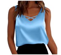 Débardeur habillé décontracté pour femme en satin de soie ample sans manches - Coupe ample - Col en V - Débardeurs tendance - Caraco croisé - Solide - Printemps - Été - Y2K, bleu ciel, L