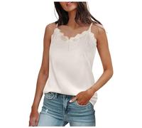 Débardeur habillé en satin de soie pour femme - Débardeurs basiques décontractés pour le travail - Sans manches Y2K - Coupe ample - Dentelle - Bretelles spaghetti - Caraco mignon - Été 2025, beige,