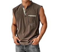 Débardeur Homme sans Manches, col Rond, Coupe Ample, Trois Boutons, Imitation Denim, Style Vintage décontracté, Couleur Unie Marron, Taille XL
