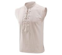 Débardeur médiéval sans manches pour homme - Costume Viking de la Renaissance victorien Steampunk - Chemise de pirate en lin - Débardeur d'été à col montant - Chemise de plage 2025 (blanc, taille 3XL)