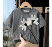 Débardeur mode polyvalent pour jeunes filles, t-shirt à manches courtes col rond avec décoration florale 3D créative, été 6Y,7Y,4Y,5YAnimal,Floral,PlantesPolyester