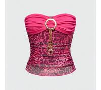 Débardeur moulant avec chaîne métallique et strass imprimé léopard pour femmes, style rétro sauvage et chic L,M,S,XL,XSMotif texturéTissu en tulle