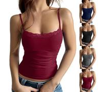 Débardeur moulant en coton pour femme - Spaghetti - Sans manches - Été - Coton - Élégant - Sans manches - T-shirt sexy - Col en U - Coupe ajustée - Léger, rouge, S