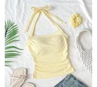 Débardeur moutarde texturé jacquard à taille cintrée pour jeune fille, style mode, convient pour les saisons printemps/été, les fêtes, les rendez-vous, la Saint-Valentin, le thé de l'après-midi, Pâque