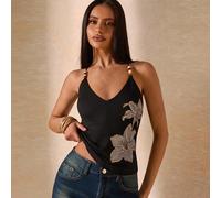 Débardeur noir à sequins brodés/Top sexy pour boîte de nuit/Tenue de vacances d'été/Tenue de carnaval 2026/Top de sortie/Top Y2K/Top noir/Fête/Festival de musique, streetwear, sorties décontractées - 