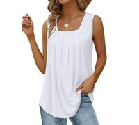 Débardeur plissé à col carré pour femme, coupe ample, sans manches, ourlet incurvé, blanc, 3XL