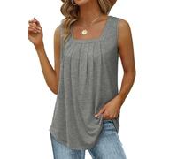 Débardeur plissé à col carré pour femme, coupe ample, sans manches, ourlet incurvé, gris, S