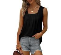 Débardeur plissé à col carré pour femme, coupe ample, sans manches, ourlet incurvé, Noir , XL